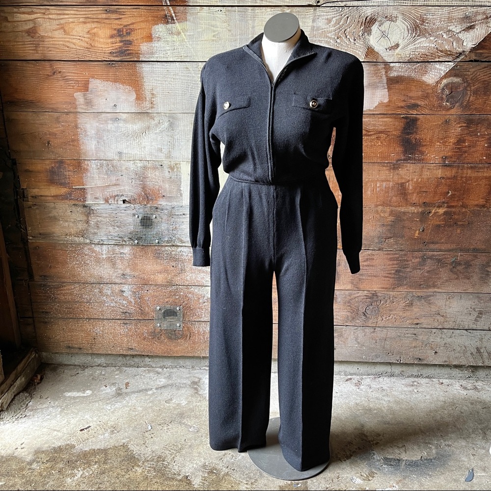 St. John Black Knit Jumpsuit with Breast Pockets, Golden Buttons, Zip Front